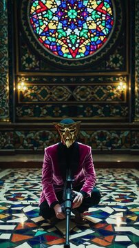  Homme masqu&eacute; en velours rose dans un palais oriental