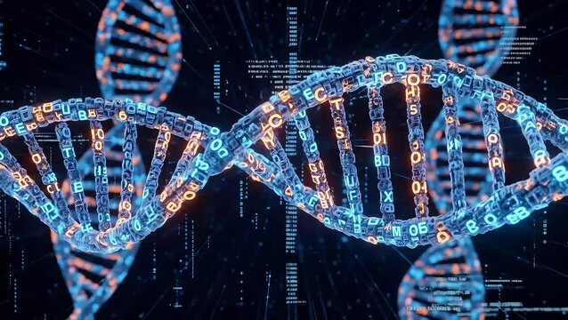 Digital DNA: Animated Helix with Code and Data Visualization for Genetic Research and Technological Advancement (95 characters)