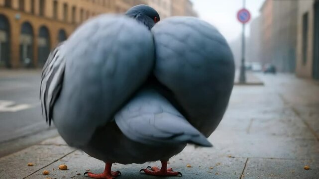 Large pigeon struts along city street while searching for food in the afternoon light dance butt twerk