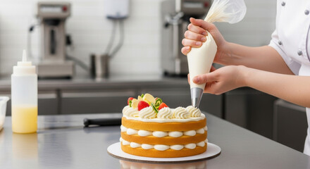Professional pastry chef decorating a layered fruit cake with cream using a piping bag in a commercial kitchen