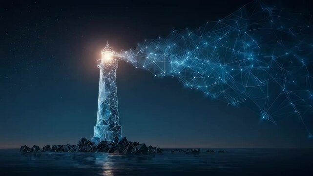 A stylized low poly lighthouse shines brightly against a night sky conveying the theme of world digitalization where the vivid light represents cuttingedge advancements in blockchain