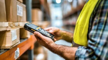 Closeup of a confident logistics professional scanning barcodes with a handheld device showcasing the integration of technology in efficient warehouse operations to minimize errors