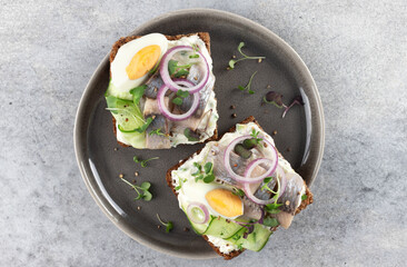 Open toasts with herring, rye bread, cream cheese, cucumbers and eggs. Smorrebrod. Top view. Danish food