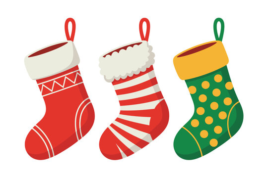Three festive christmas stockings hanging isolated on a white background