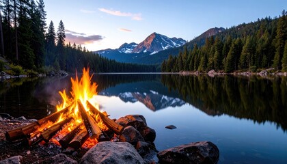 Campfire by a serene lake at sunset