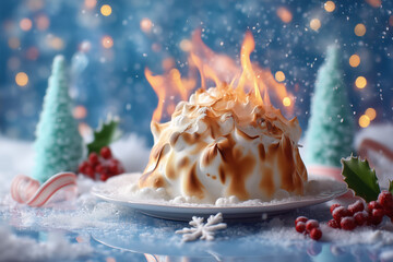 Flaming baked Alaska dessert with toasted meringue, festive holiday table scene with snow and bokeh lights, winter celebration treat