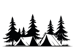 Black and White Tent Camp Scene with Tall Trees Perfect for Wilderness, Hiking, and Travel Art Projects