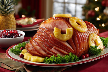 Glazed spiral-cut ham with pineapple rings and parsley garnish, traditional holiday centerpiece on festive table setting