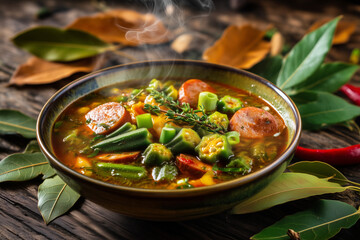 Colorful gumbo with okra, sausage, and vegetables in spicy broth, served in rustic bowl with herbs, southern comfort food for autumn season