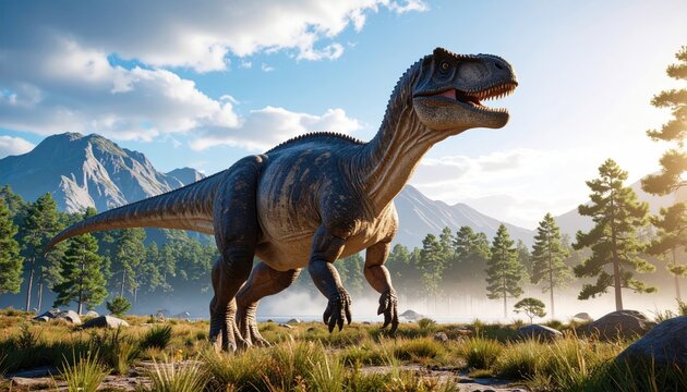 Dinosaur in a misty forest - Powered by Adobe