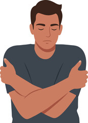 Man hugging himself in self comfort and self care gesture vector illustration 