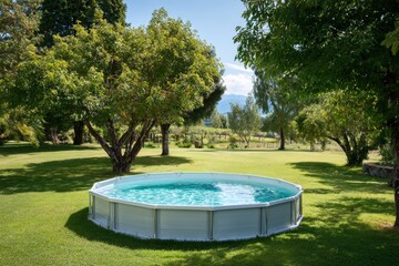 Above-ground swimming pool surrounded by lush greenery and trees in a sunny outdoor setting