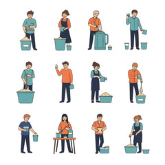 Fototapeta premium People Mixing and Preparing Ingredients: Flat Vector Illustration Set