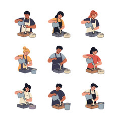 Diverse People Pouring Liquid for Handmade Crafts. Creative Hobby, DIY Art, Candle or Soap Making Process Illustration.