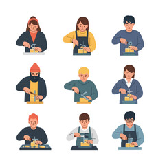 Diverse People Crafting and Working on DIY Projects with Hand Tools, Showcasing Hobbies and Creative Skills