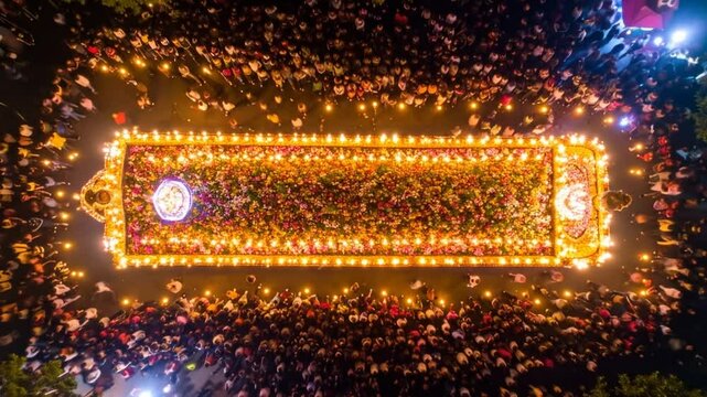 Illuminated Procession: Aerial View of a Religious Celebration with Flower Adornments