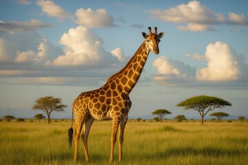 Obraz premium Wild giraffe standing gracefully in a golden meadow, surrounded by acacia trees, under a dramatic cloudy sky in the african savanna during a vibrant daytime scene