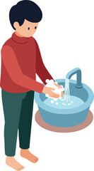 Boy washing hands at sink with running water hygiene and cleanliness healthy habit vector illustration