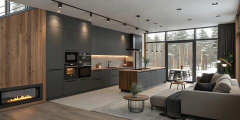 Obraz premium Beautiful open plan matte black kitchen and dining area with fireplace