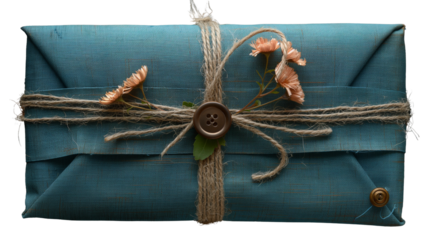Rustic gift wrapped in teal delight, buttoned and twined with floral light. Transparent PNG.  Perfect for eco packaging insight.