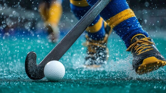 Close up low angle view of intense field hockey play with water splashing dramatically