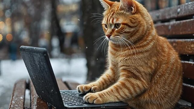 Ginger Cat Working on Laptop in Snowy City