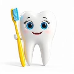 A Cute Tooth Character With Big Eyes And A Toothbrush, Bright Colors (Sky Blue, Sunsh