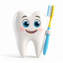 A Cute Tooth Character With Big Eyes And A Toothbrush, Bright Colors (Sky Blue, Sunsh