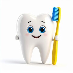 A Cute Tooth Character With Big Eyes And A Toothbrush, Bright Colors (Sky Blue, Sunsh
