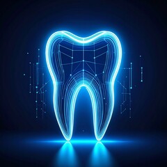 A Digital Style Dental Logo With A Glowing Tooth Hologram Effect, Neon Blue Accents,