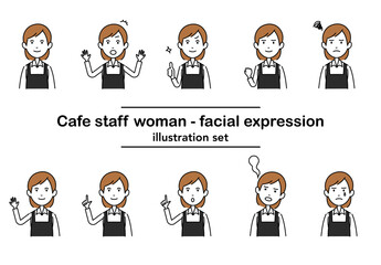 カフェスタッフの女性の表情セット｜ベクター線画スタイルで感情を表現