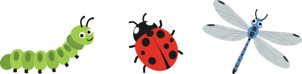 Obraz premium Green caterpillar, red ladybug, and blue dragonfly vector illustration in simple style 