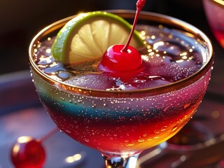 Alcoholic cocktail in a glass with decoration - cocktail cherry and lemon slice, top view, close-up