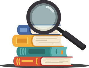 Stack of books with magnifying glass research and study concept illustration design vector 
