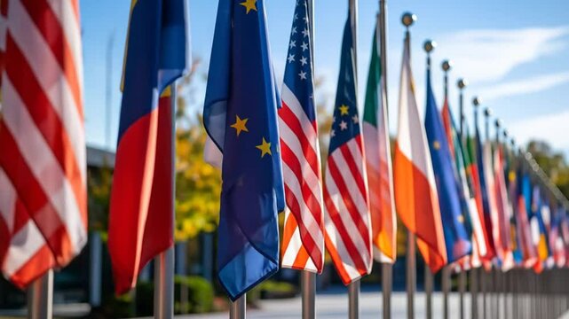 International Flags Flapping Gently in Harmony Symbolizing Global Partnership