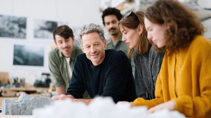 Creative team collaboratively reviewing architectural models. Represents teamwork, design process, planning and innovative thinking in architecturedesign fields.