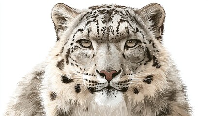 Obraz premium Close-up digital painting of a snow leopard's face, showcasing its thick fur, piercing amber eyes, and subtle dark spotting against a white background