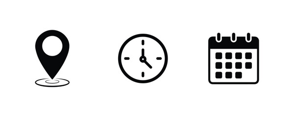 Calendar, Location pin, Clock icon. Address, time, date vector symbols.