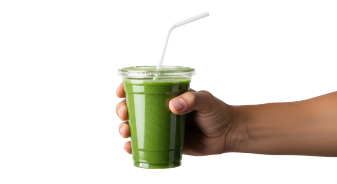 Hand holding a green smoothie in a clear plastic cup with a white straw on black background - Powered by Adobe