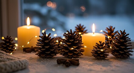 Warm Winter Ambiance: Candles, Pine Cones, and Fairy Lights in Cozy Scene.