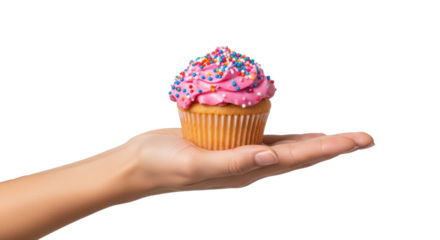 Hand holding a cupcake with pink frosting and colorful sprinkles on a black background studio shot