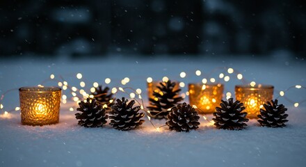 Winter's Warmth: Pinecones, Candles, and Fairy Lights on Snow
