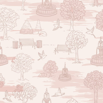 Seamless Park Toile Pattern - Elegant Trees, Benches & Birds - Blush Pink Hand-Drawn Line Art - Textile Design