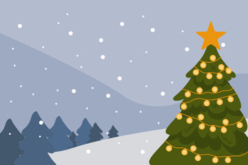 Christmas tree decorated with glowing lights and a star topper, standing outdoors in a snowy winter landscape with pine trees in the background. for seasonal banners, greeting cards, winter designs.