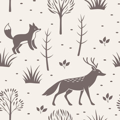 Graceful seamless pattern with deer, foxes, and bare trees in muted tones. Suitable for nursery decor, fabric, and woodland-themed designs.