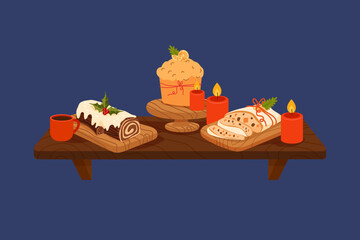 Festive table with traditional Italian panettone, German stolen, and French chocolate Yule log cake. Decorated with candles, holly, citrus slices, and a cozy cup