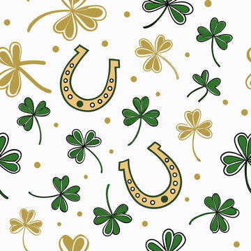 Playful seamless pattern featuring green shamrocks, gold horseshoes, and scattered dots. Perfect for St. Patrick&rsquo;s Day, Irish-themed designs, and festive backgrounds.