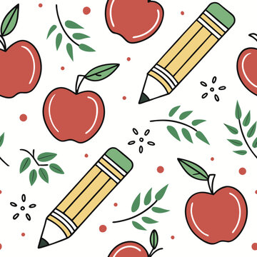 Fun seamless pattern featuring red apples, yellow pencils, green leaves, and playful dots. Perfect for school supplies, teacher gifts, and educational backgrounds.