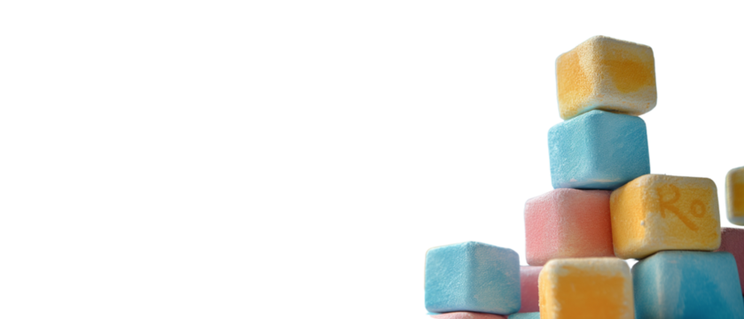 Stack of soft pastel cubes with subtle alphabet letters on white background. Transparent PNG. perfect for early childhood education materials, nursery design, or toy packaging mockups