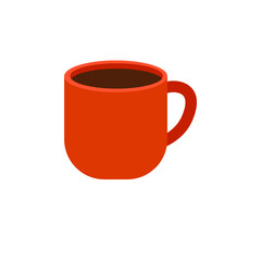 Simple red mug filled with a hot drink, shown in a minimal flat style. The cozy illustration is isolated on white background.